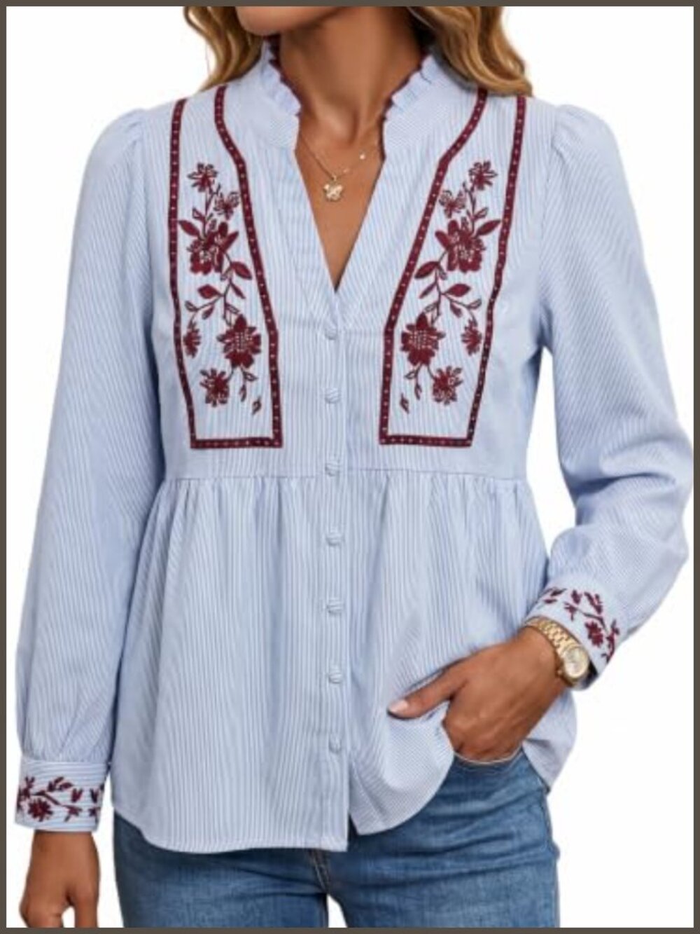 Floral Embroidered V Neck Long Sleeve Button Down Casual Blouse